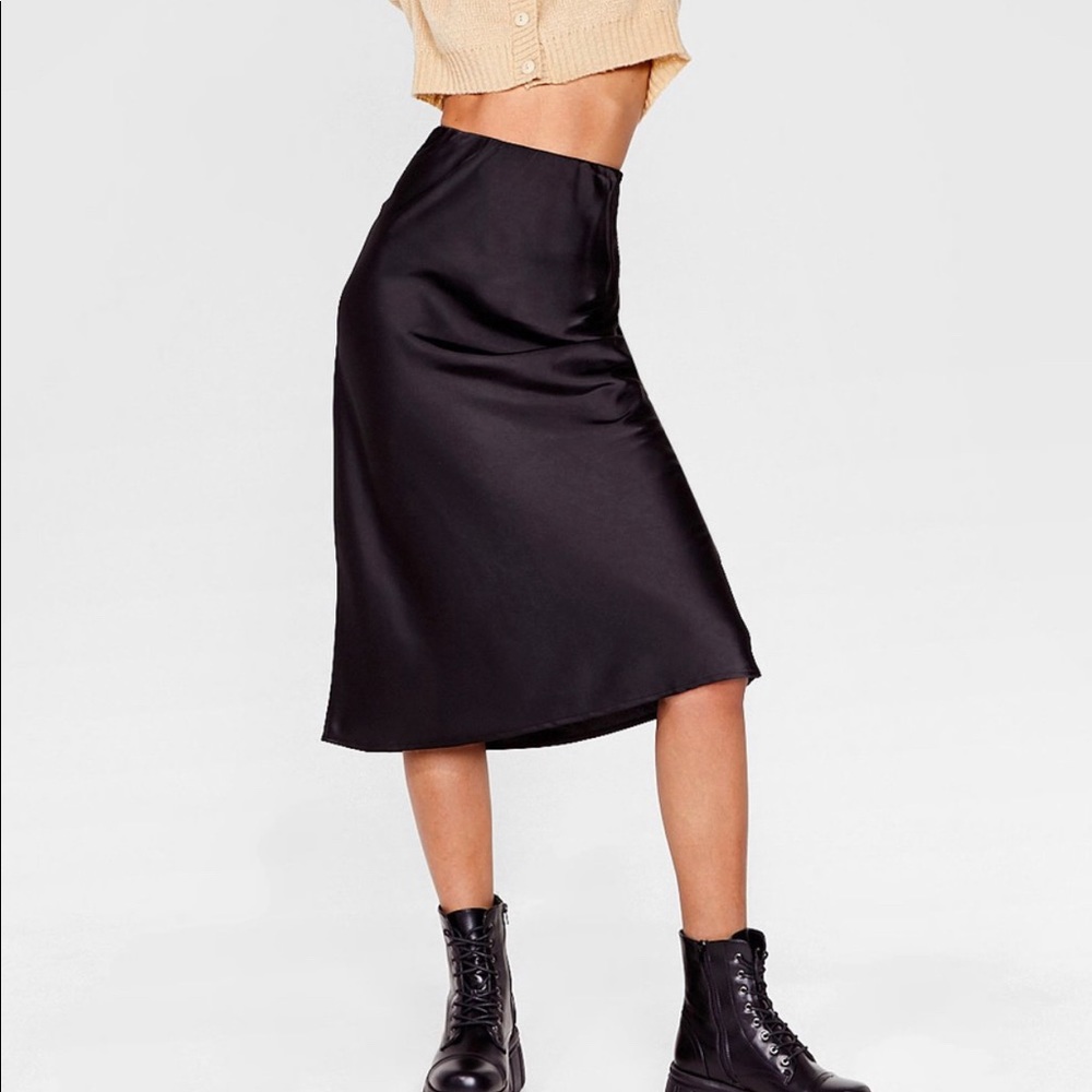 NWT Nasty Gal Black Satin Midi Skirt